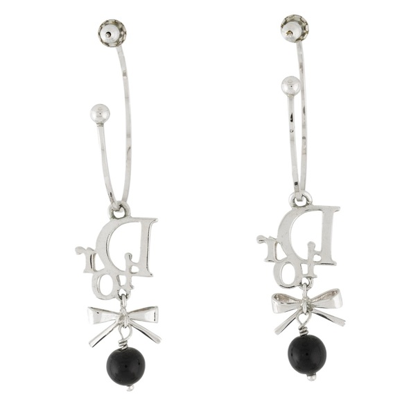 AUTH VTG Christian Dior Silver Crystal Logo Bow Hoop Earrings - Picture 4 of 4